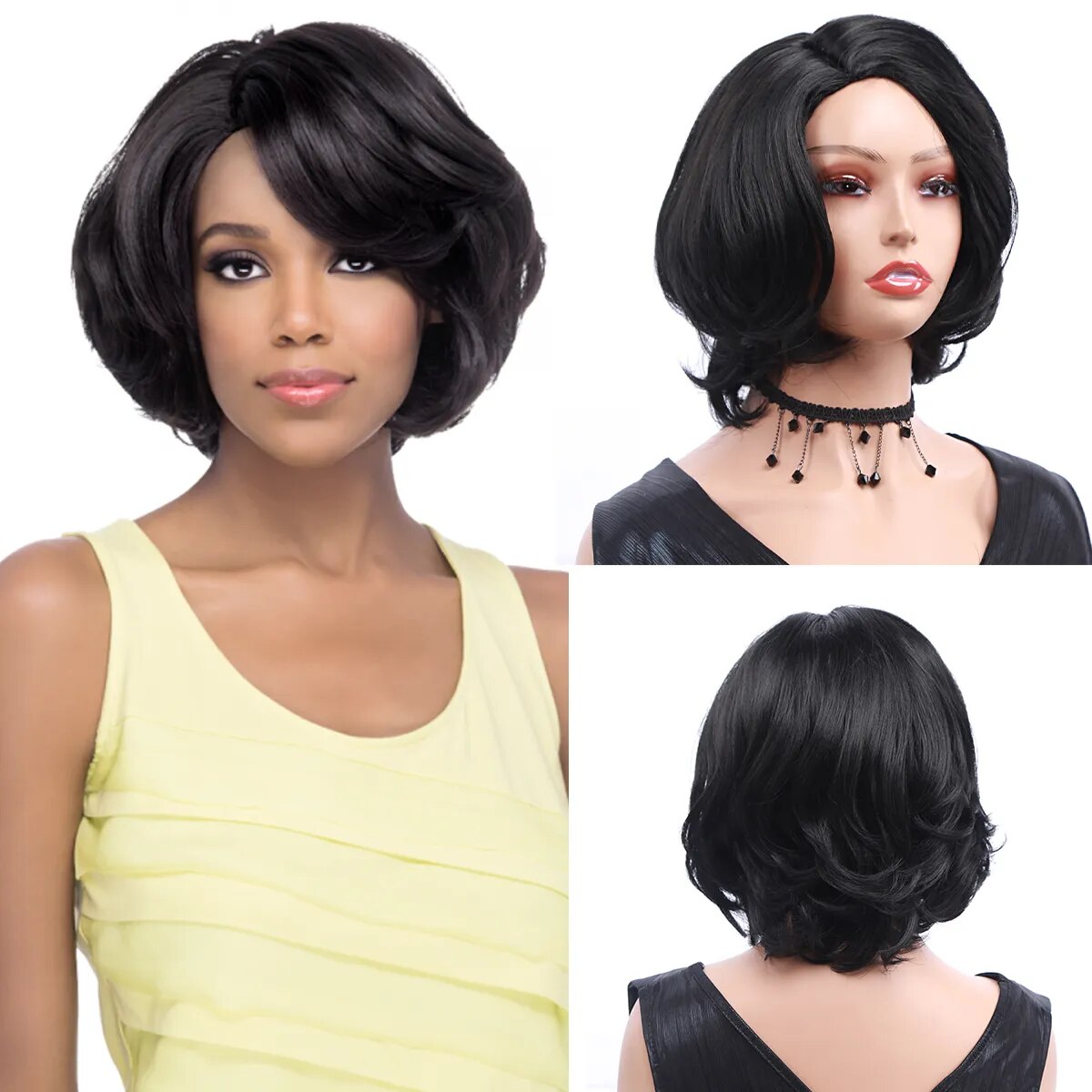 Amir Short Black Wavy Synthetic Hair Wigs For Women Ombre Brown Blonde Bob Wig Pixie Cut Middle Part Side Party Daily Cosplay