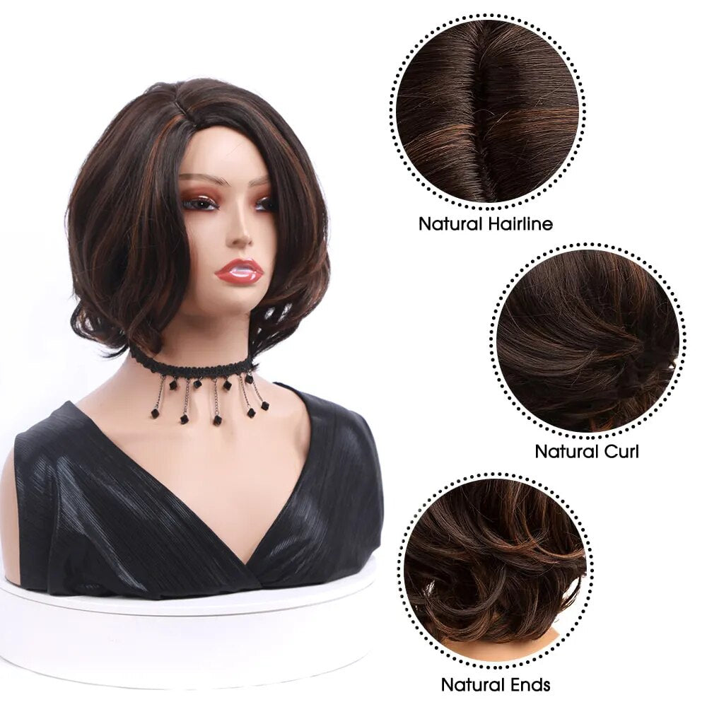 Amir Short Black Wavy Synthetic Hair Wigs For Women Ombre Brown Blonde Bob Wig Pixie Cut Middle Part Side Party Daily Cosplay