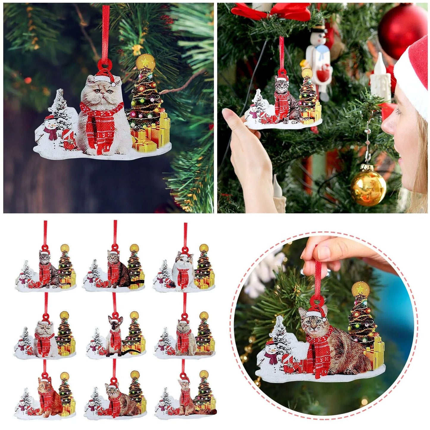 Hand-Painting Wooden Christmas Cat Cute Hanging Hat Dog Xmas Tree Pendants Ornaments Kids Gift DIY Wood Crafts Christmas Decor