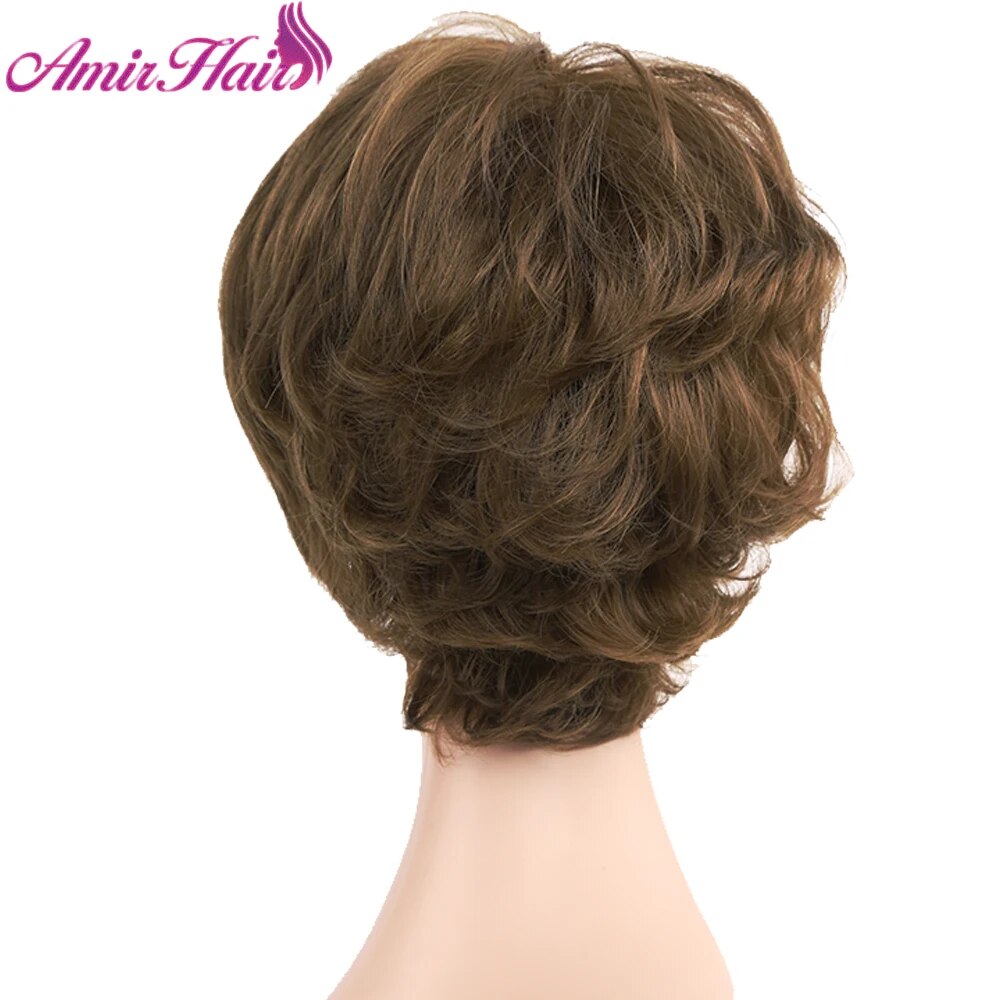 Synthetic Short Curly Wig Brown Layered Ombre Dark Brown Wigs for Women Daily Wigs with Bangs Heat Resistant Wavy Wigs