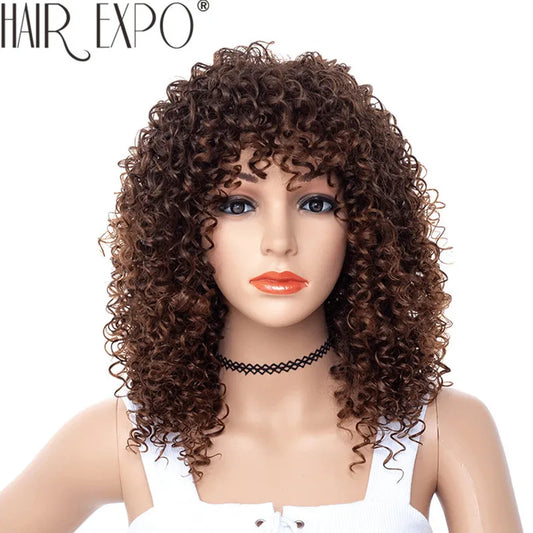 14inch Short Kinky Curly Wig Afro American Wigs for Black Women  Brown Mixed Blonde Synthetic Heat Resistant Wigs with Bangs