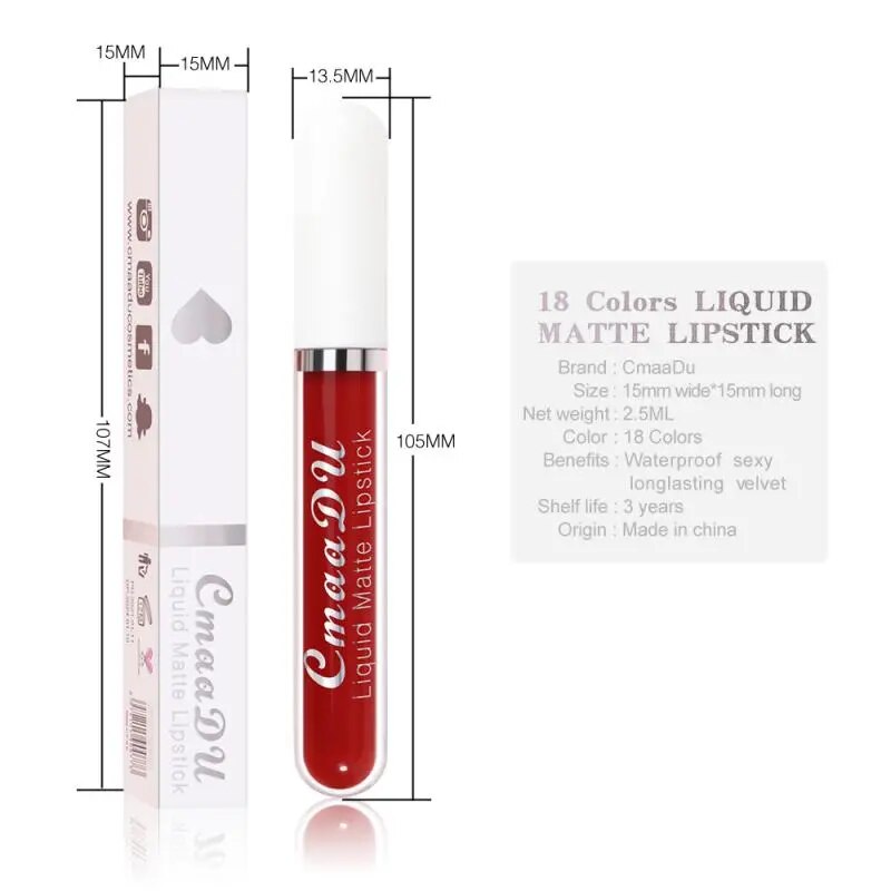 CmaaDu Matte Velvet Lip Gloss Waterproof Long-lasting Lip Glaze Tint Liquid Lipstick Nonstick Cup Makeup Beauty Cosmetics TSLM