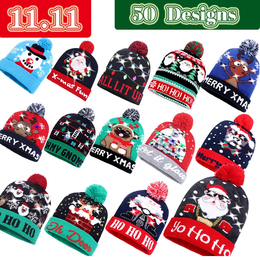 NEW 50 Designs LED Christmas Hats Beanie New Year Knitted Illuminate Warm Hat Christmas Tree Snowman Kids Adults Hat