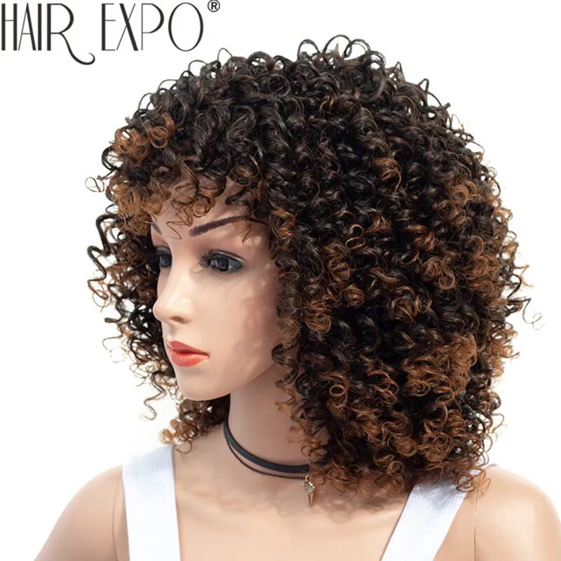 14inch Short Kinky Curly Wig Afro American Wigs for Black Women  Brown Mixed Blonde Synthetic Heat Resistant Wigs with Bangs