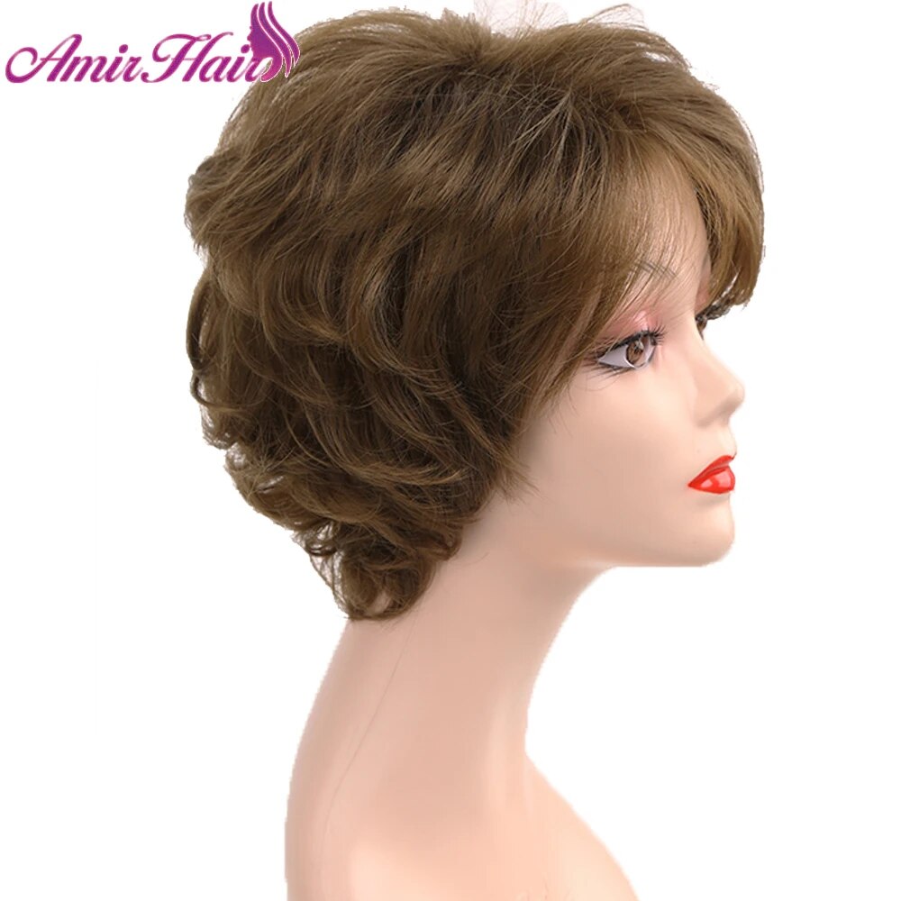 Synthetic Short Curly Wig Brown Layered Ombre Dark Brown Wigs for Women Daily Wigs with Bangs Heat Resistant Wavy Wigs