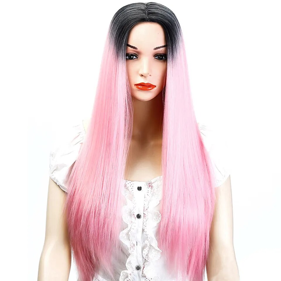 Synthetic Miss African American Sister with Long Straight Hair, For Girl Pink Mixed Gold Long Hair Wig Heat Resistant