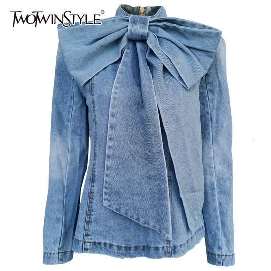 TWOTWINSTYLE Patchwork Bow Denim Women's Jacket Stand Collar Long Sleeve Vintage Ruched Jackets For Female 2022 Fashion Clothing