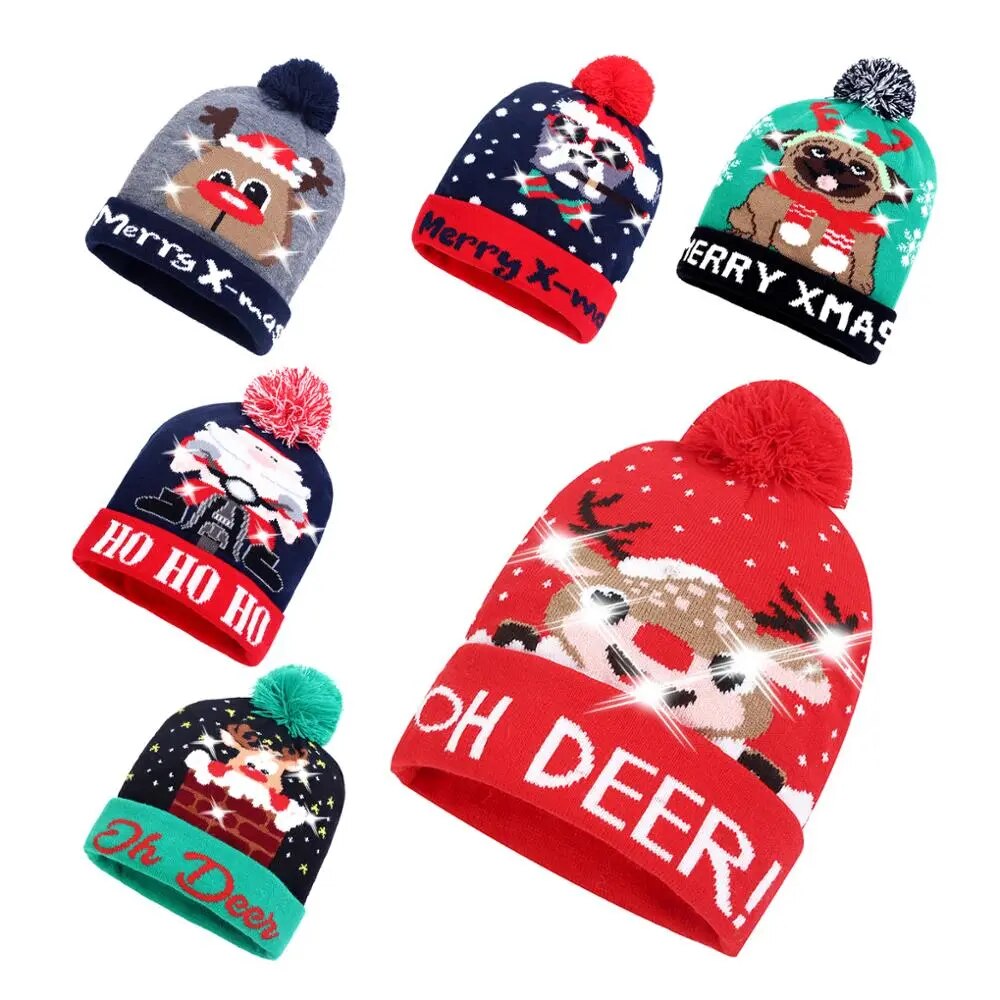 NEW 50 Designs LED Christmas Hats Beanie New Year Knitted Illuminate Warm Hat Christmas Tree Snowman Kids Adults Hat