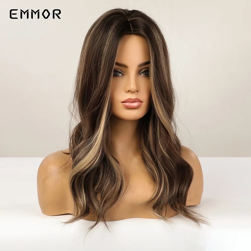 Emmor Synthetic Women's Long Wavy Wigs Brown with Blonde Wigs Natural Wavy Heat Resistant Wig for Afro Women Party Fashion Wigs