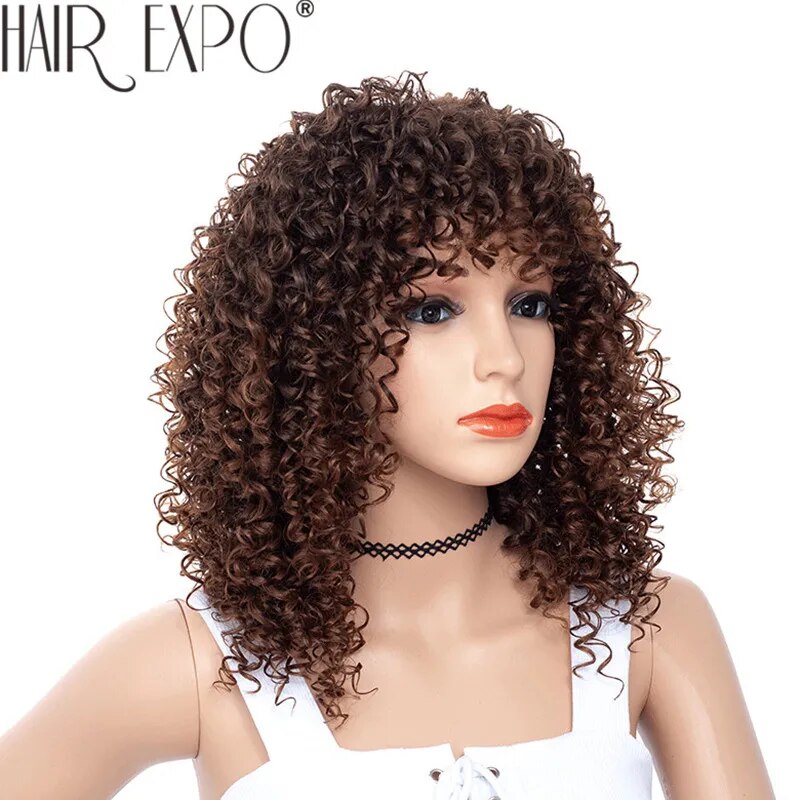 14inch Short Kinky Curly Wig Afro American Wigs for Black Women  Brown Mixed Blonde Synthetic Heat Resistant Wigs with Bangs