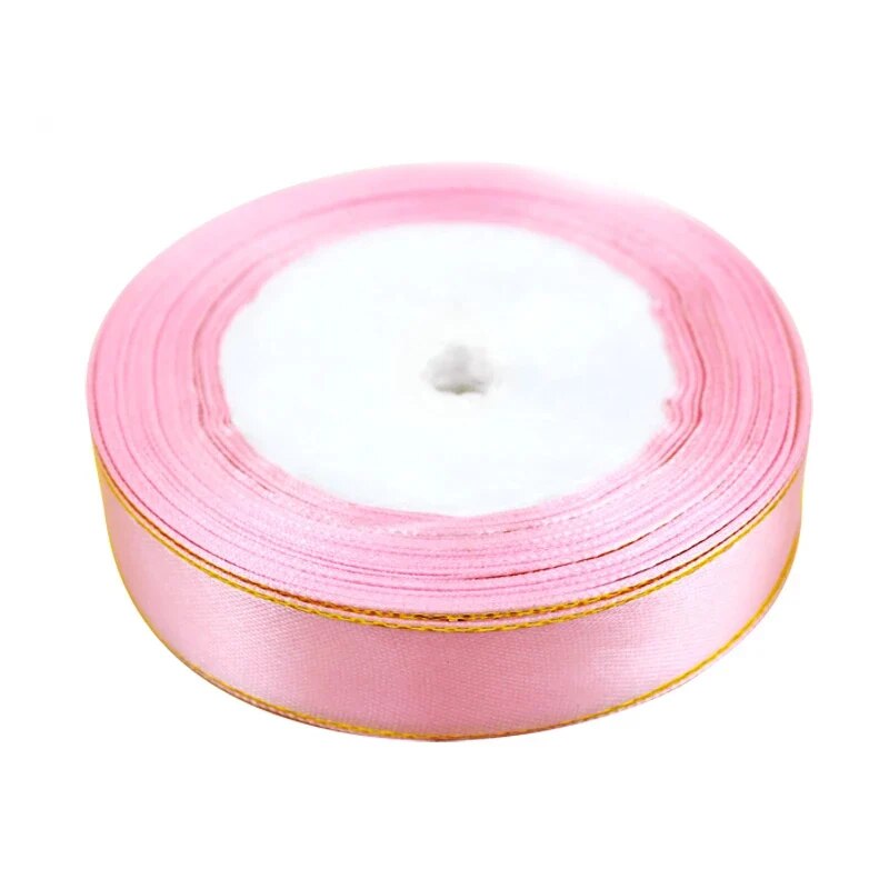 (25 yards/roll) pink gold Edge Satin Ribbon Wholesale Gift Christmas ribbons (6/10/20/25/40mm)