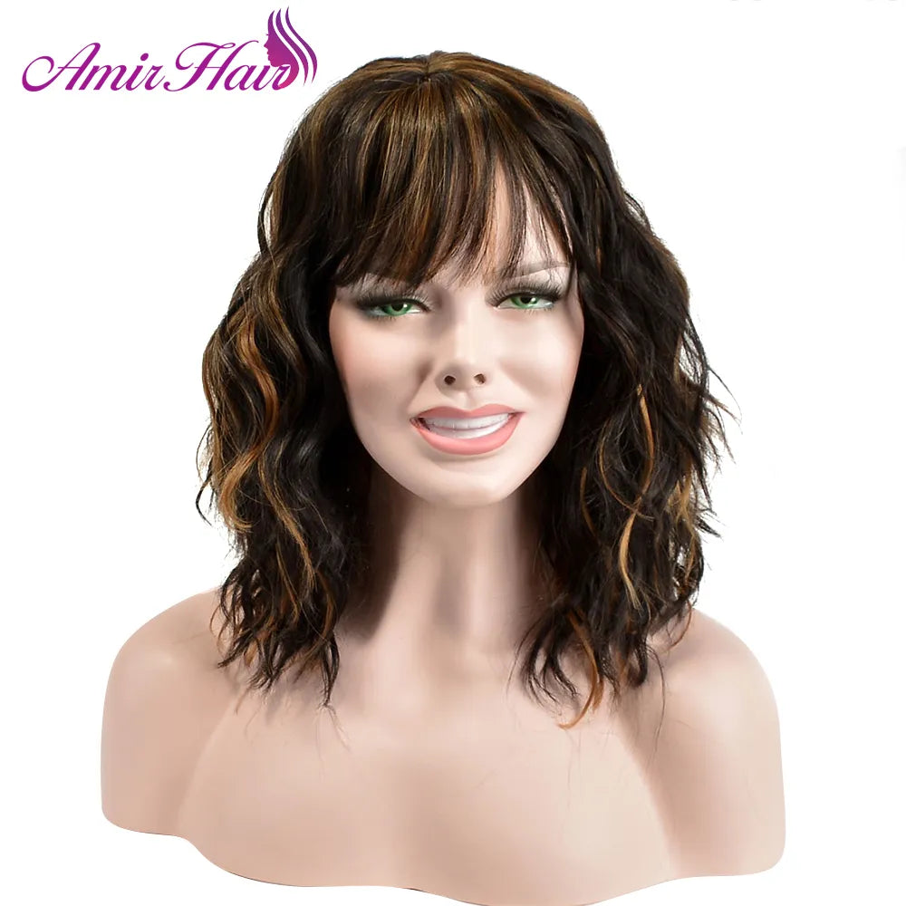 Synthetic Short Curly Wigs Black Bob Wig with Bangs Brown Wig Middle Part Hair Cosplay Wig Female Natural Hair Woman Wigs