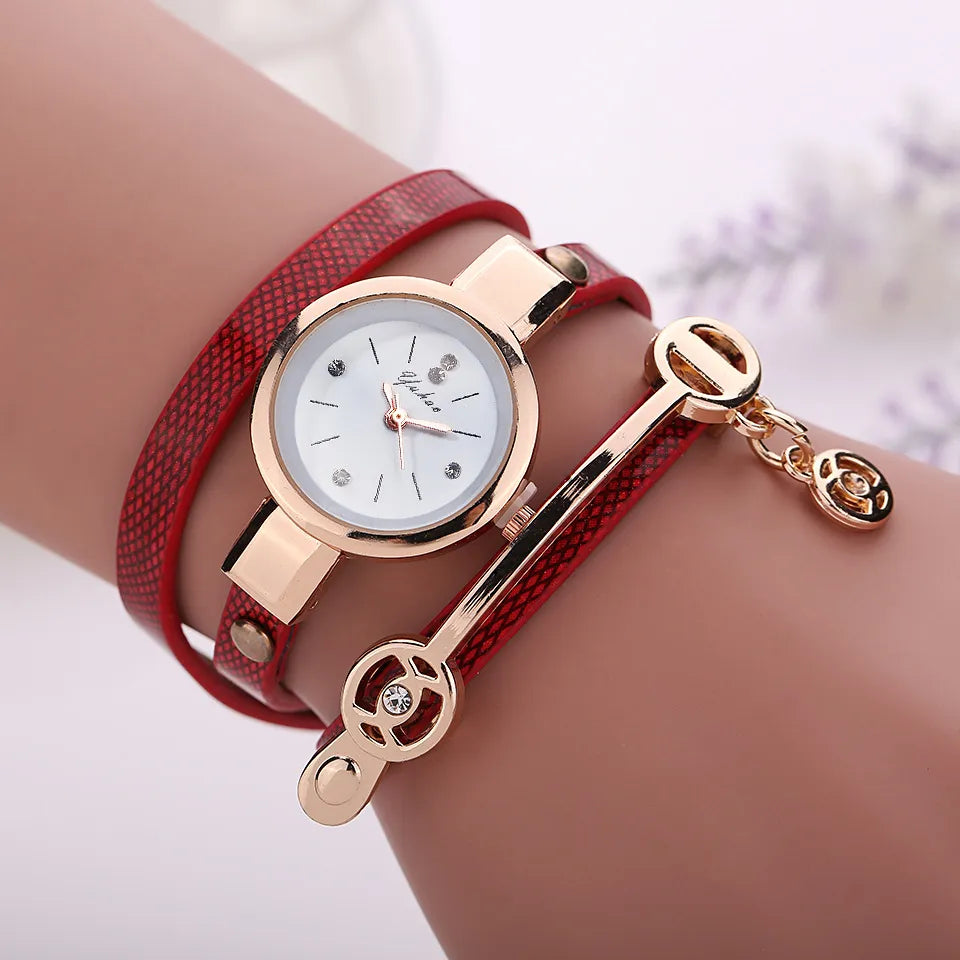 (NEW) Women Charm Wrap Around Leather Quartz Wrist Watch Women Rhinestone Watch Female Montre mujer Special Gifts For Women