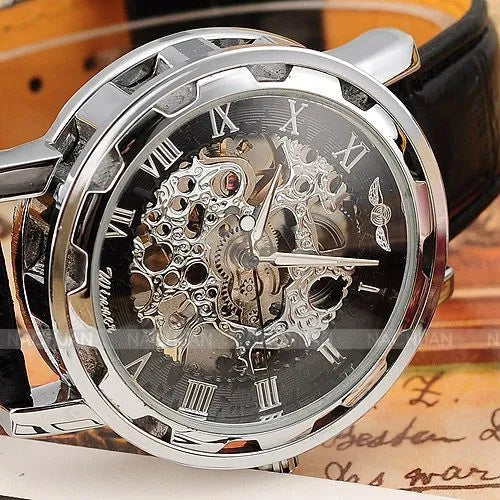 Skeleton hollow fashion mechanical hand wind men luxury male business leather strap Wrist Watch relogio