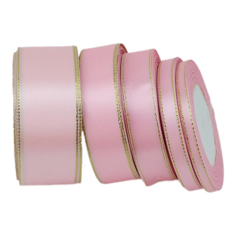 (25 yards/roll) pink gold Edge Satin Ribbon Wholesale Gift Christmas ribbons (6/10/20/25/40mm)