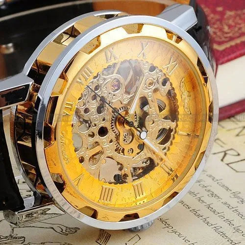 Skeleton hollow fashion mechanical hand wind men luxury male business leather strap Wrist Watch relogio