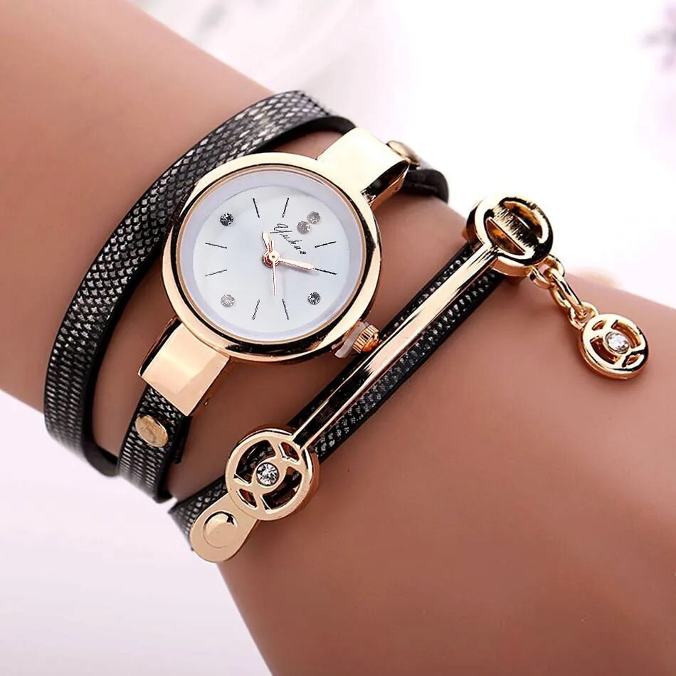 (NEW) Women Charm Wrap Around Leather Quartz Wrist Watch Women Rhinestone Watch Female Montre mujer Special Gifts For Women