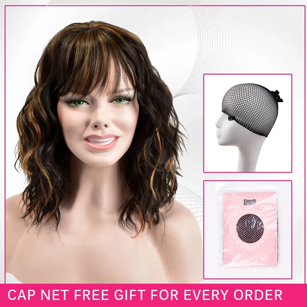 Synthetic Short Curly Wigs Black Bob Wig with Bangs Brown Wig Middle Part Hair Cosplay Wig Female Natural Hair Woman Wigs