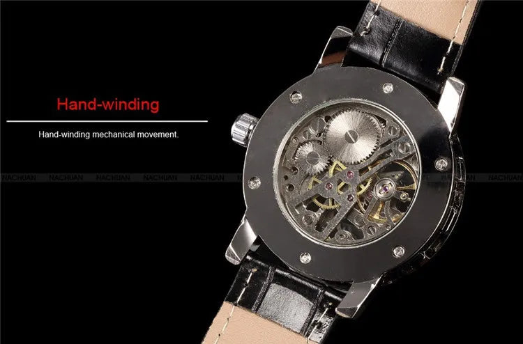 Skeleton hollow fashion mechanical hand wind men luxury male business leather strap Wrist Watch relogio