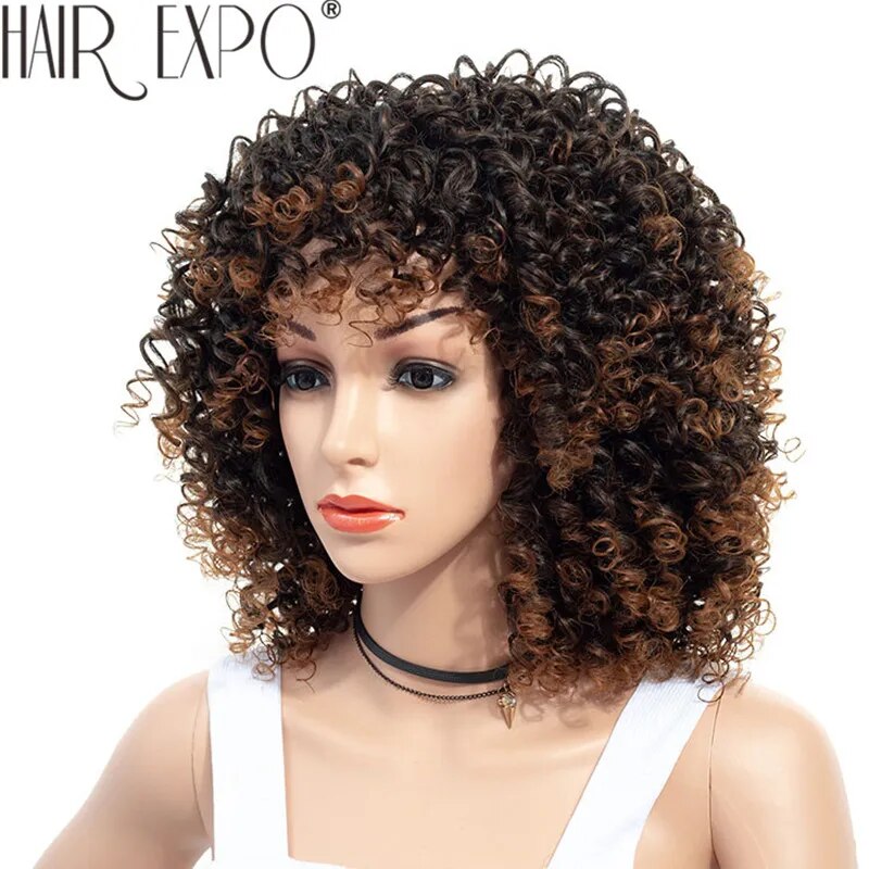 14inch Short Kinky Curly Wig Afro American Wigs for Black Women  Brown Mixed Blonde Synthetic Heat Resistant Wigs with Bangs