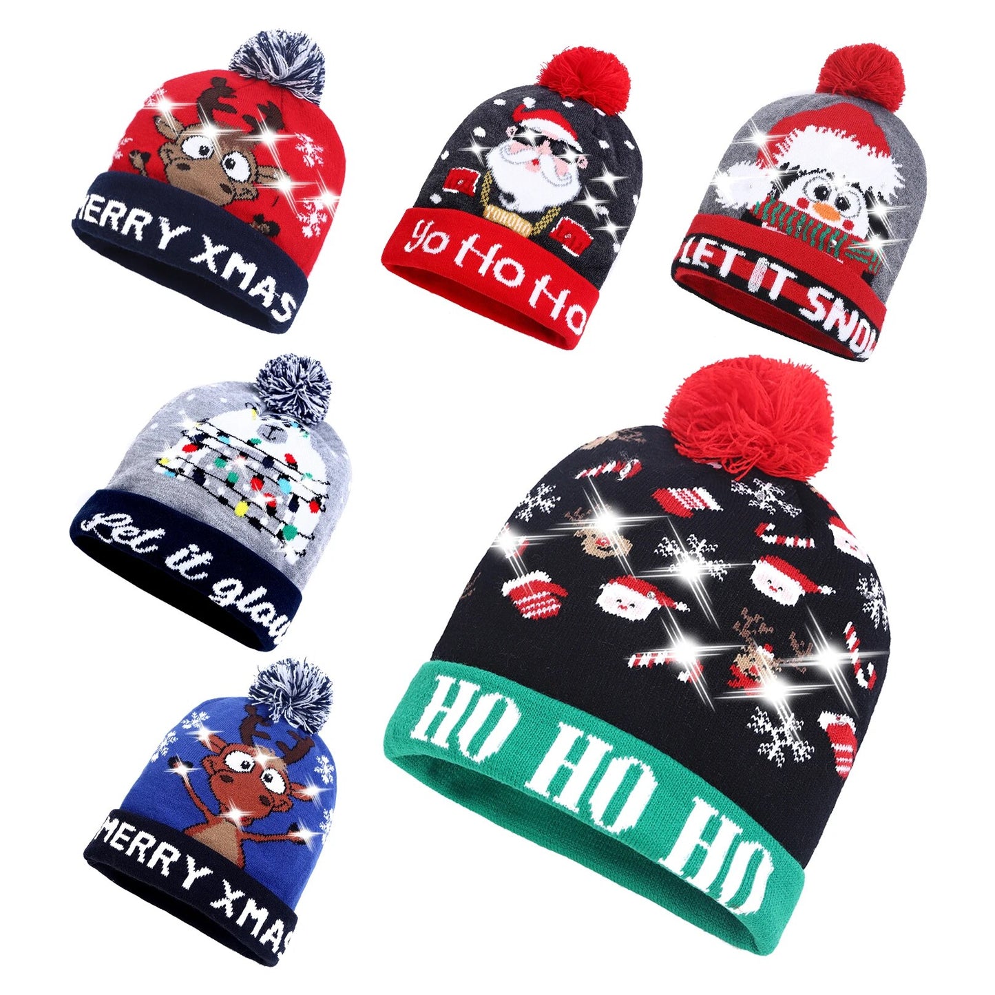 NEW 50 Designs LED Christmas Hats Beanie New Year Knitted Illuminate Warm Hat Christmas Tree Snowman Kids Adults Hat