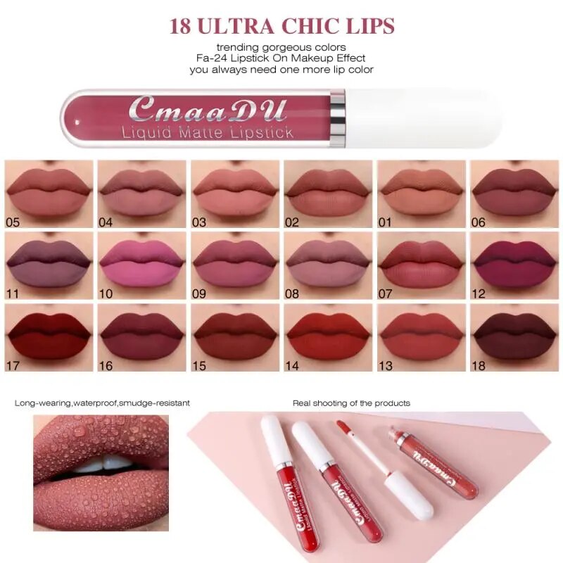 CmaaDu Matte Velvet Lip Gloss Waterproof Long-lasting Lip Glaze Tint Liquid Lipstick Nonstick Cup Makeup Beauty Cosmetics TSLM