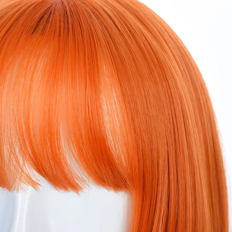 Women Orange Short Cosplay Wig with Bangs BOb Hairstyle  Heat Resistant Fiber Synthetic Straight Hair