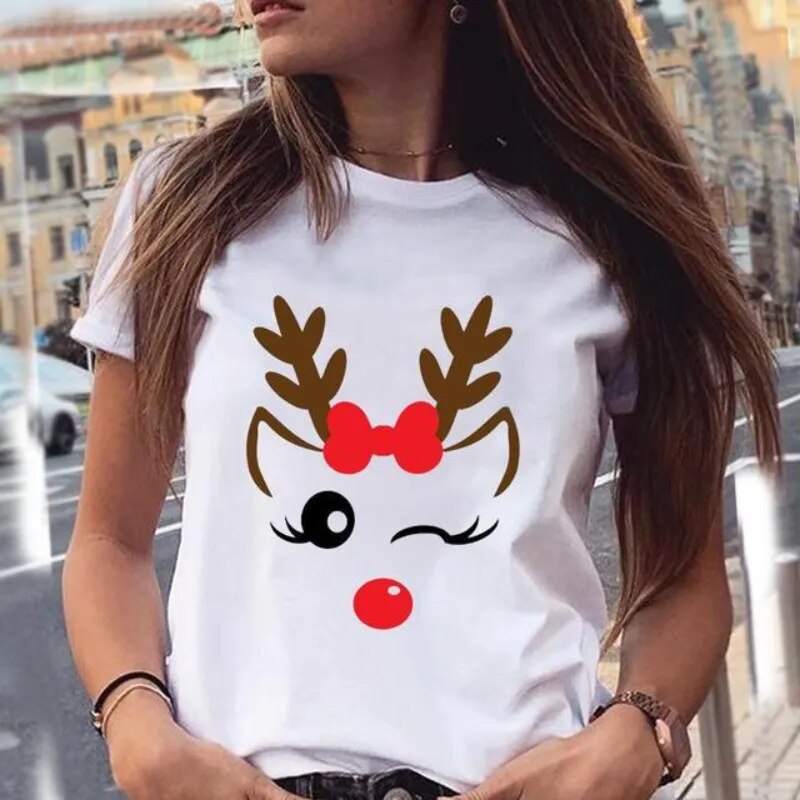 Women's Short Sleeved T-shirt Fashion Christmas Deer Print Bottom Shirt Round Collar Large Size Casual Loose Girl Tshirt