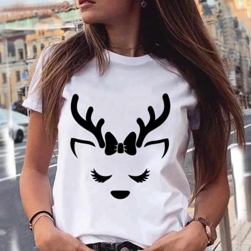 Women's Short Sleeved T-shirt Fashion Christmas Deer Print Bottom Shirt Round Collar Large Size Casual Loose Girl Tshirt