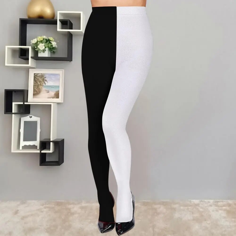 Women Pantyhose Asymmetric Colors Skinny Thighs High Waist Butt Lift Elastic Leggings Color Matching Fall Winter Bottoming Thigh