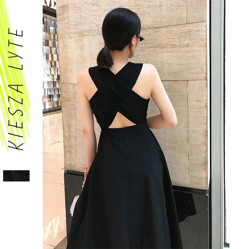 Women Summer Sexy Dress Elegant Hepburn Style Show Black Sleeveless Back Cross Midi A Line Party Dresses 2023 Fashion Vestidos