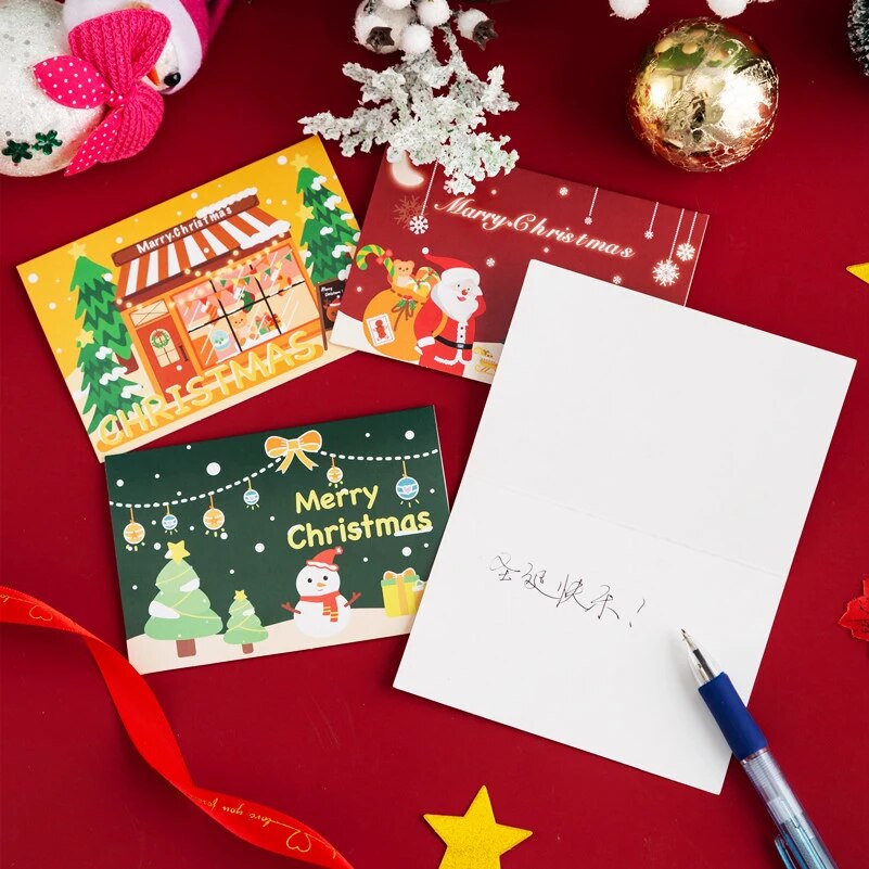 2pcs Merry Christmas Greeting Card 2024 New Year Festival Postcards Santa Claus Snowman Cartoon Gift Cards Christmas Party Decor