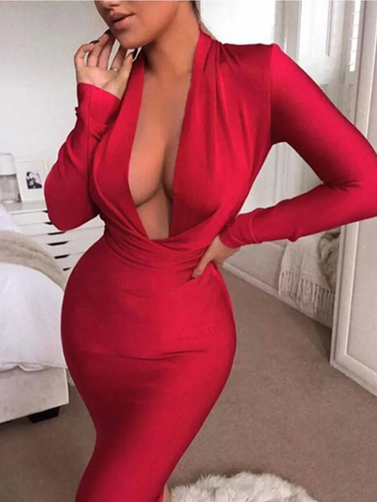 Free Shipping Winter Sexy V Neck Long Sleeve Women Bodycon Bandage Dress 2022 Celebrity Designer Evening Party Dress Vestido