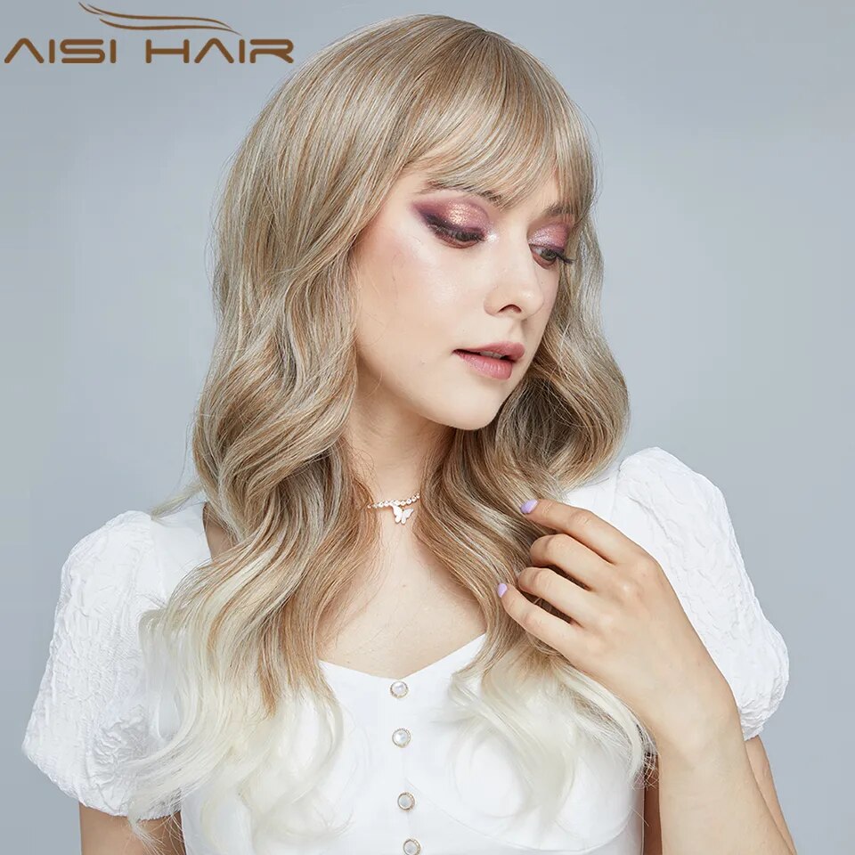 AISI HAIR Synthetic Long Blonde Wig With Bangs Ombre Blonde Wig For Women Platinum Red Cosplay Wigs Heat Resistant Natural