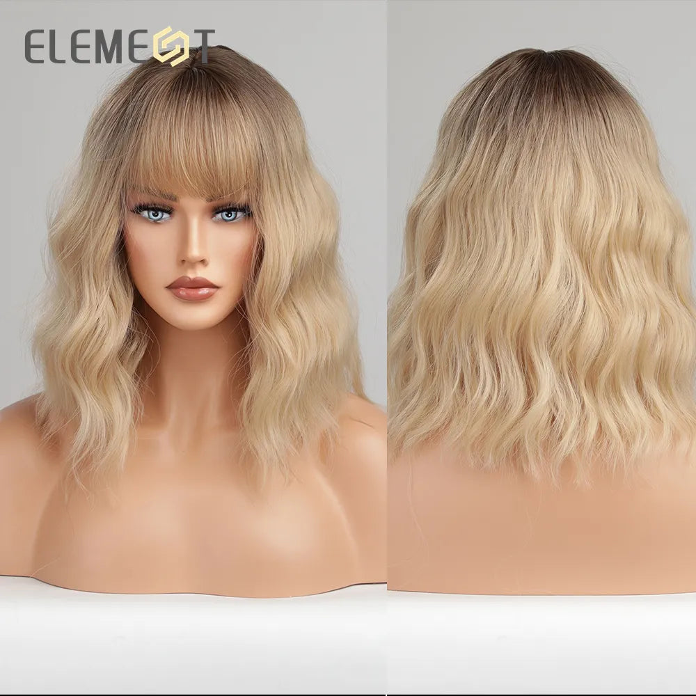 ELEMENT 16 Inch Ombre Golden Blonde Loose Curly Hair Wig with Bangs Lolita Cosplay Party Daily Wigs for Women