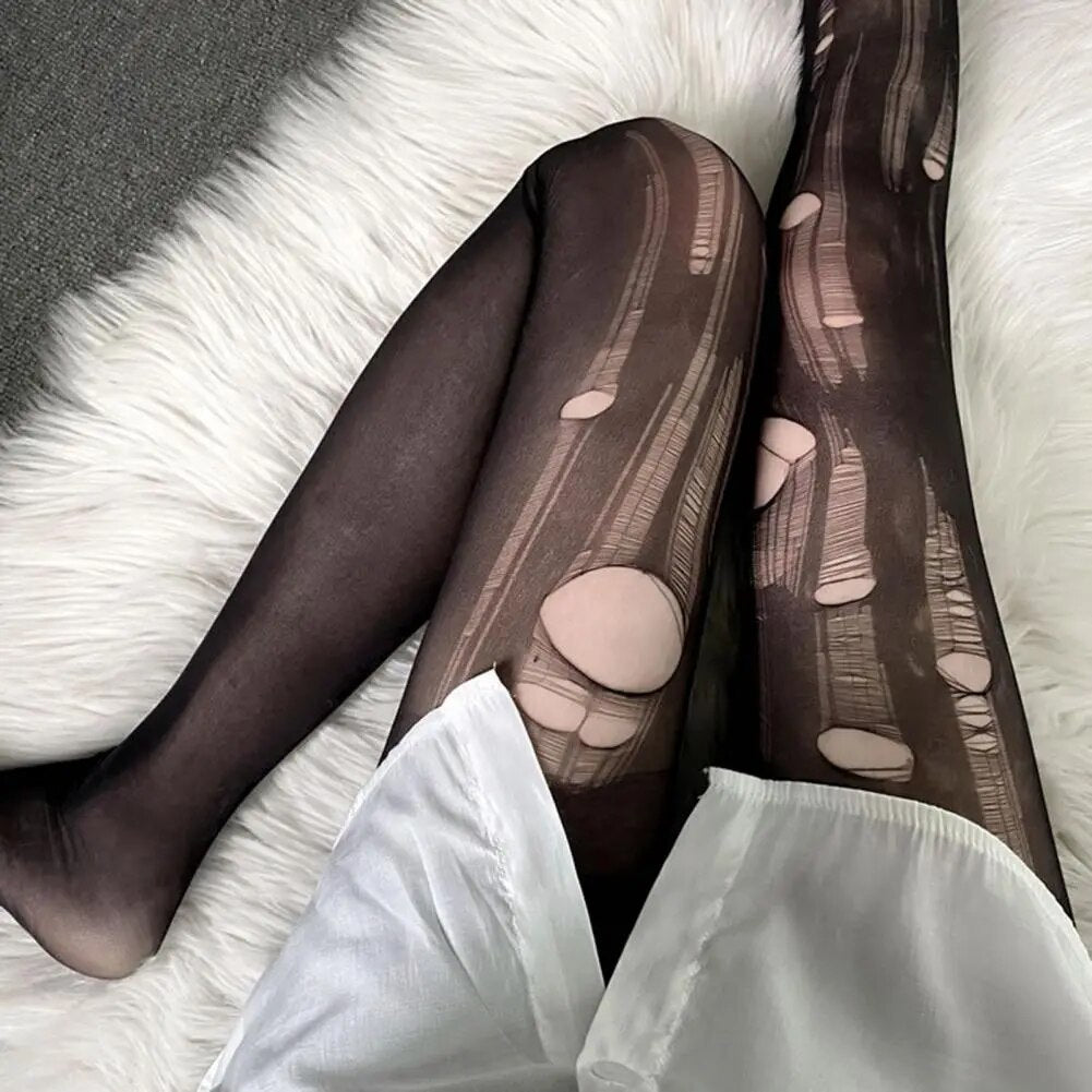 Women Pantyhose Sheer Great Elasticity Hollow Out Ladies Stockings Sexy Ripped Anti-dislodging Line Stockings For Daily Wear