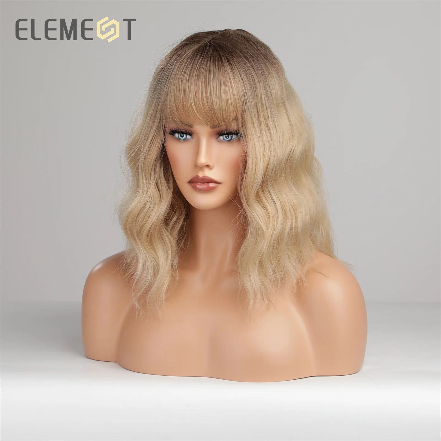 ELEMENT 16 Inch Ombre Golden Blonde Loose Curly Hair Wig with Bangs Lolita Cosplay Party Daily Wigs for Women