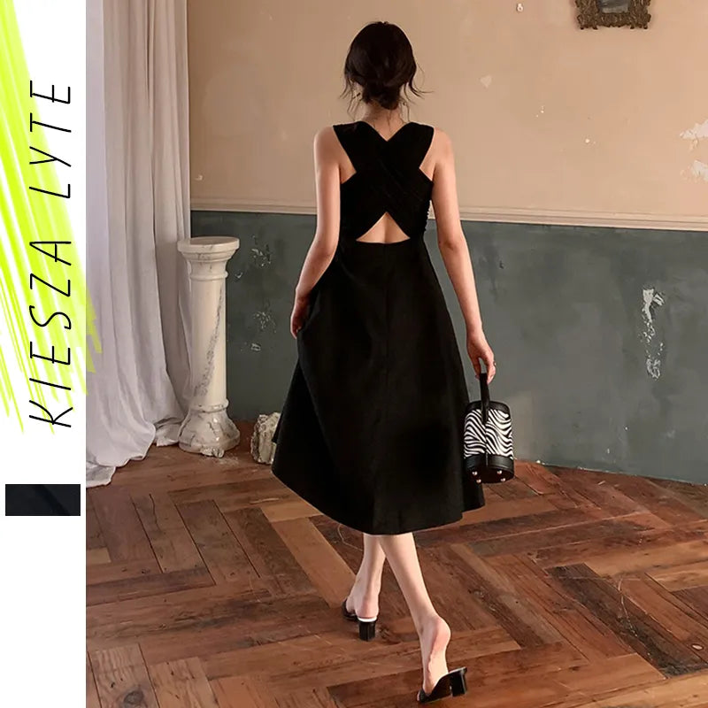 Women Summer Sexy Dress Elegant Hepburn Style Show Black Sleeveless Back Cross Midi A Line Party Dresses 2023 Fashion Vestidos