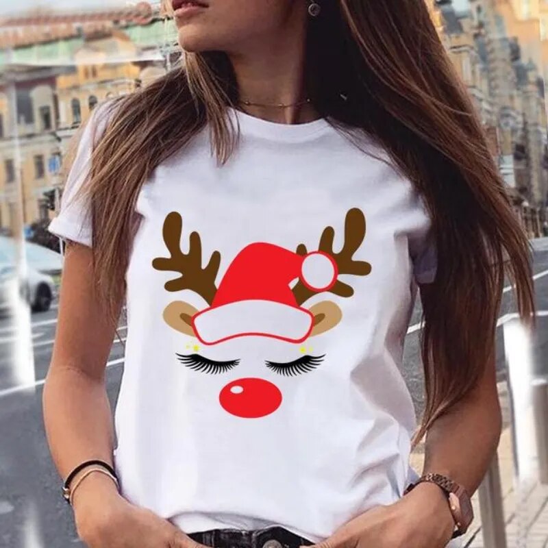 Women's Short Sleeved T-shirt Fashion Christmas Deer Print Bottom Shirt Round Collar Large Size Casual Loose Girl Tshirt