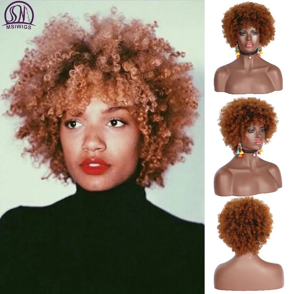 MSIWIGS Short Brown Blonde Hair Afro Wig for Women Pixie Cut Knkly Curl Soft Cheap Hairpieces Black Synthetic Cosply False Wig