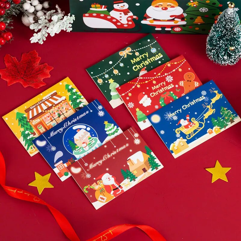 2pcs Merry Christmas Greeting Card 2024 New Year Festival Postcards Santa Claus Snowman Cartoon Gift Cards Christmas Party Decor