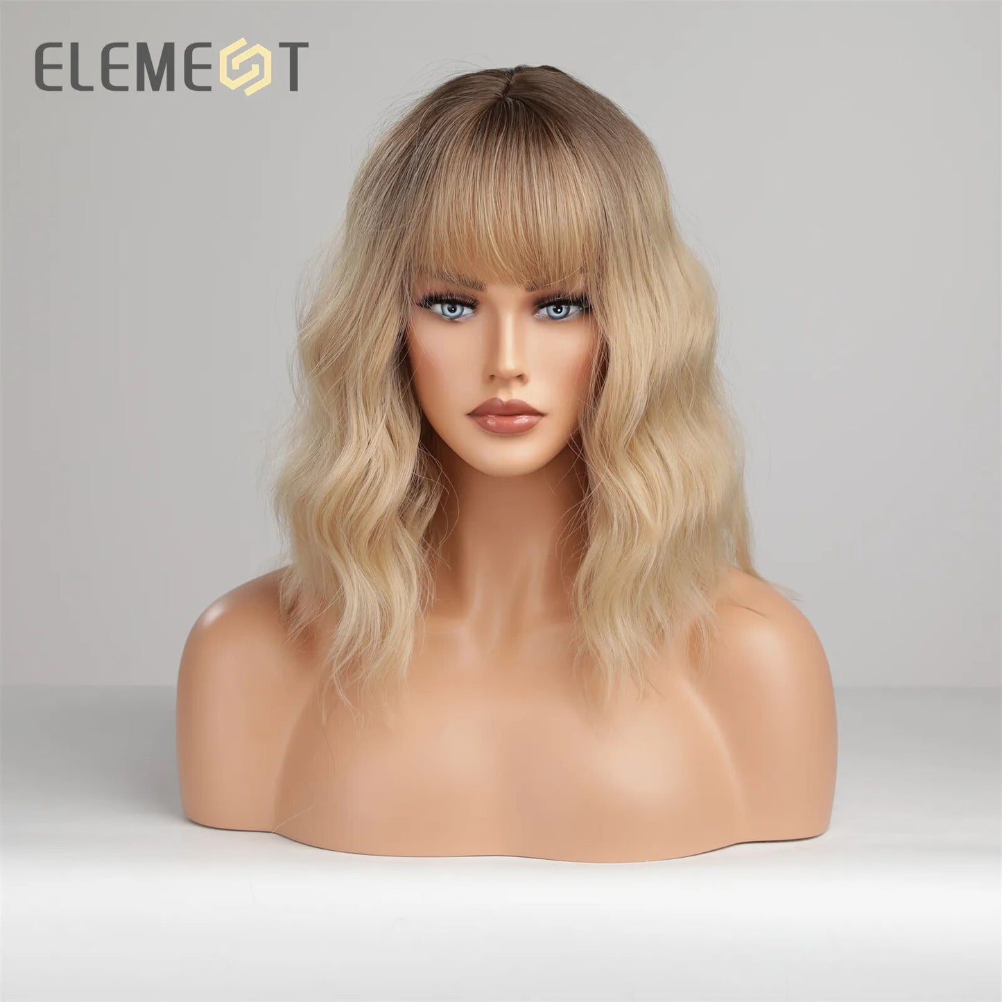 ELEMENT 16 Inch Ombre Golden Blonde Loose Curly Hair Wig with Bangs Lolita Cosplay Party Daily Wigs for Women