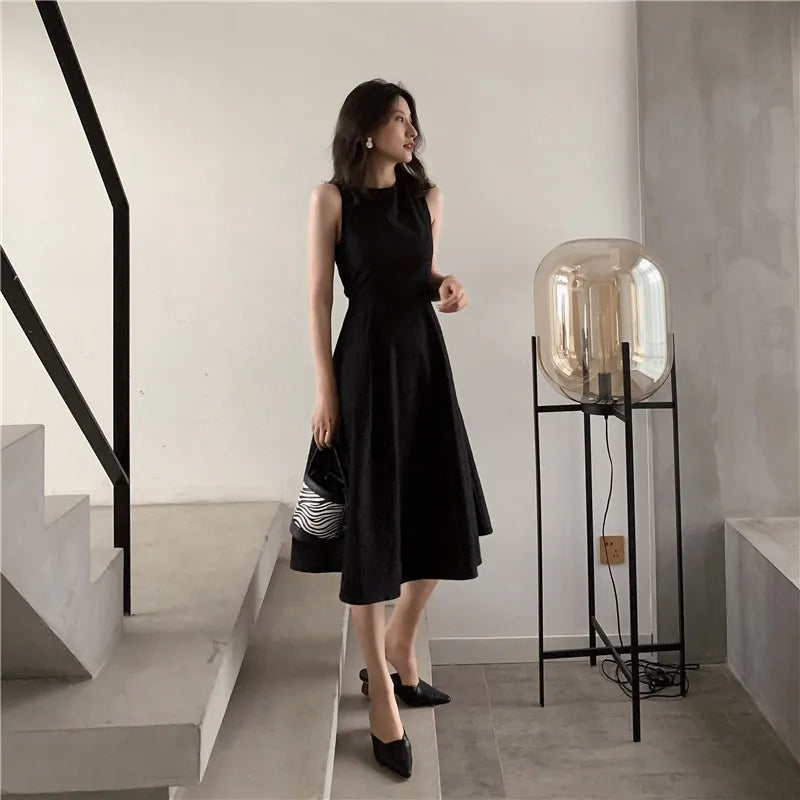 Women Summer Sexy Dress Elegant Hepburn Style Show Black Sleeveless Back Cross Midi A Line Party Dresses 2023 Fashion Vestidos