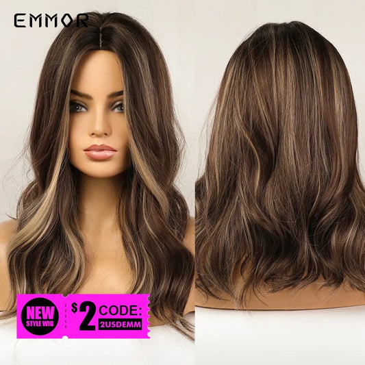 Emmor Synthetic Women's Long Wavy Wigs Brown with Blonde Wigs Natural Wavy Heat Resistant Wig for Afro Women Party Fashion Wigs