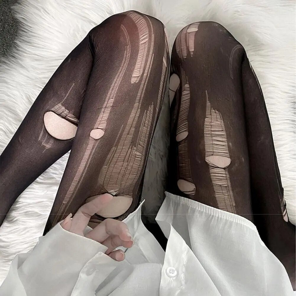 Women Pantyhose Sheer Great Elasticity Hollow Out Ladies Stockings Sexy Ripped Anti-dislodging Line Stockings For Daily Wear