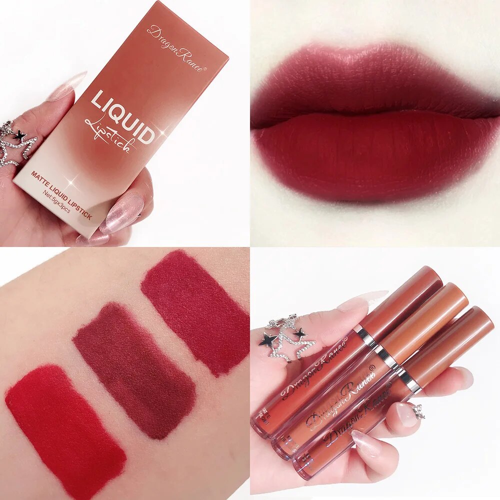 3PCS/Set Matte Lipstick Set Long Lasting Moisturing Lip Gloss Liquid Lipstick Velvet Red Sexy Lip Gloss Women Lip Make Up