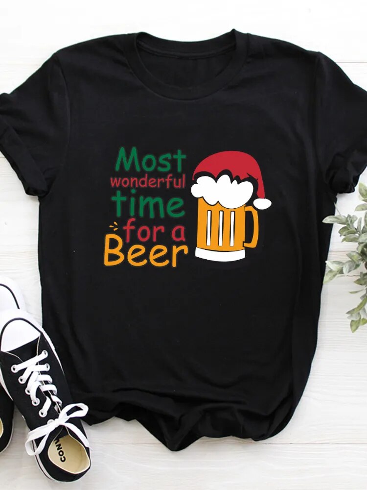 Christmas Best for A Beer Print T Shirt Women Short Sleeve O Neck Loose Tshirt Women Causal Tee Shirt Tops