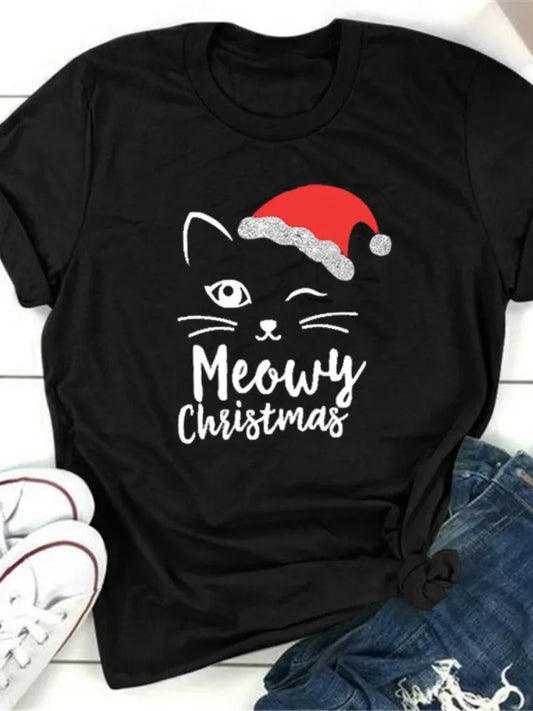 Cat Face Meowy Christmas Print Women T Shirt Short Sleeve O Neck Loose Women Tshirt Ladies Tee Shirt Tops Camisetas Mujer