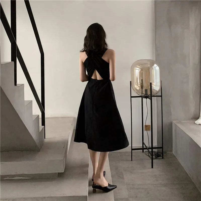 Women Summer Sexy Dress Elegant Hepburn Style Show Black Sleeveless Back Cross Midi A Line Party Dresses 2023 Fashion Vestidos