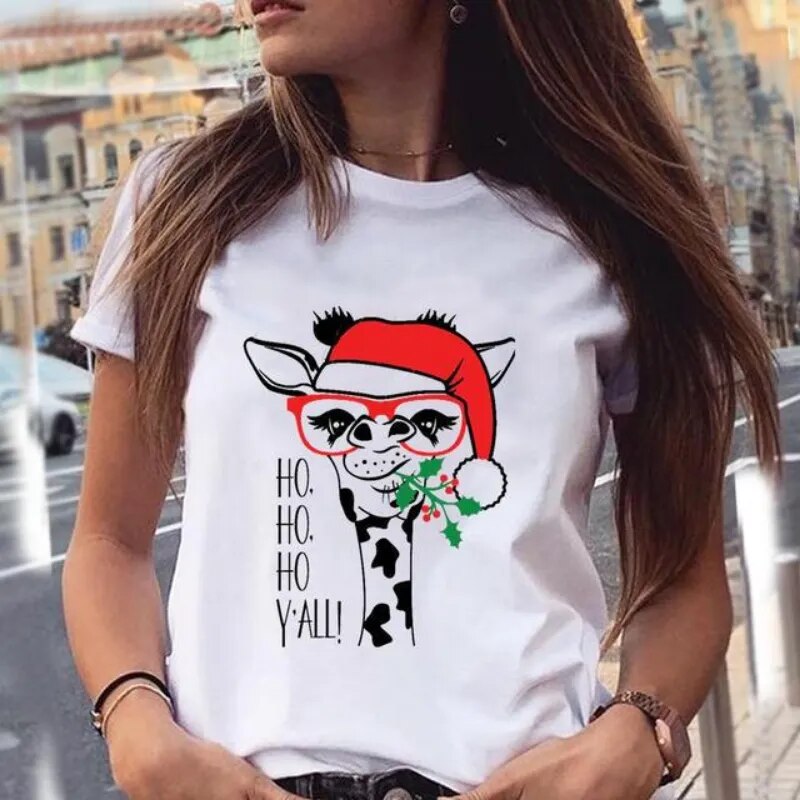 Women's Short Sleeved T-shirt Fashion Christmas Deer Print Bottom Shirt Round Collar Large Size Casual Loose Girl Tshirt